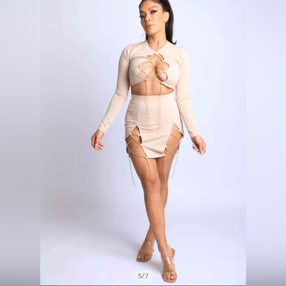 Cream color 2 piece top and skirt set with chains